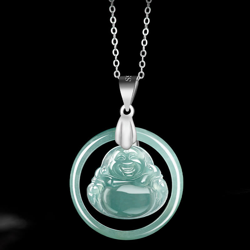 Nimara Ritual Natural Jade Round Laughing Buddha Abundance Titanium Steel Chain Necklace Pendant