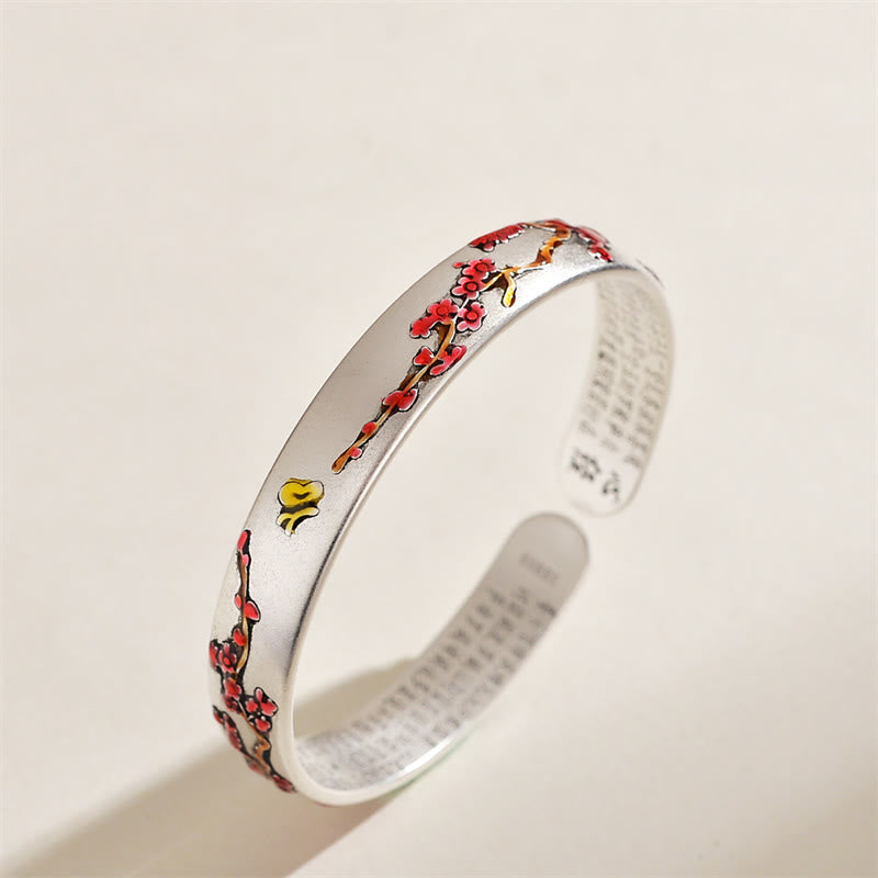 Nimara Ritual Plum Blossom Chrysanthemum Flower Design Heart Sutra Healing Bracelet Cuff Bangle