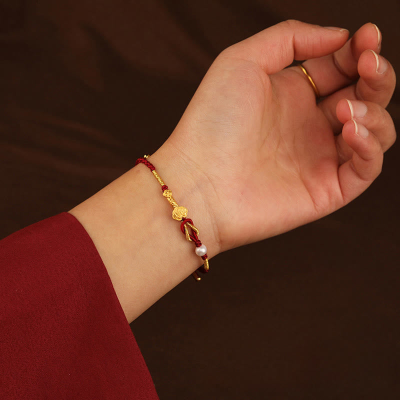 Nimara Ritual 24K Gold Wish Ruyi Handle Fu Character Rabbit Pearl Luck Braided Bracelet