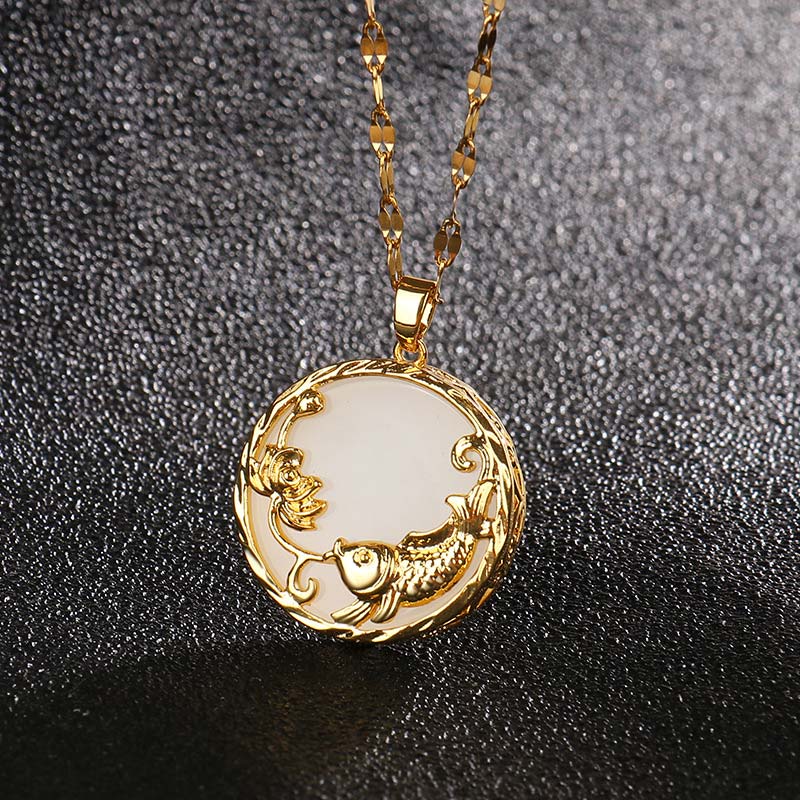 Nimara Ritual Natural Jade Koi Fish Lotus Luck Necklace Pendant