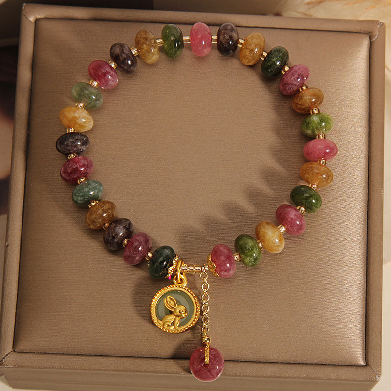 Nimara Ritual Natural Colorful Tourmaline Cute Rabbit Charm Positive Bracelet