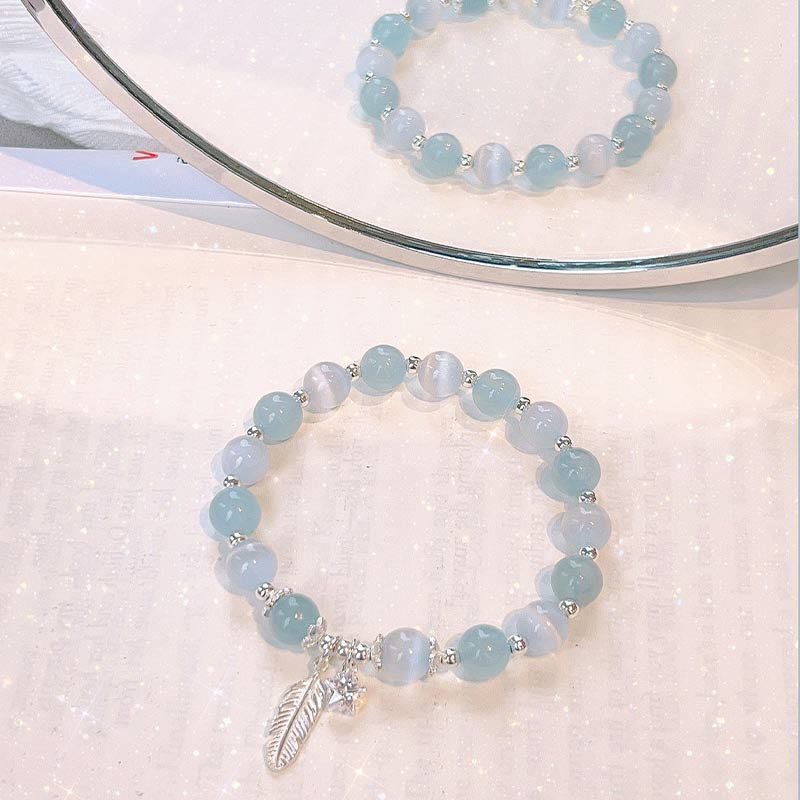 Nimara Ritual 925 Sterling Silver Aquamarine Cat's Eye Healing Feather Star Charm Bracelet