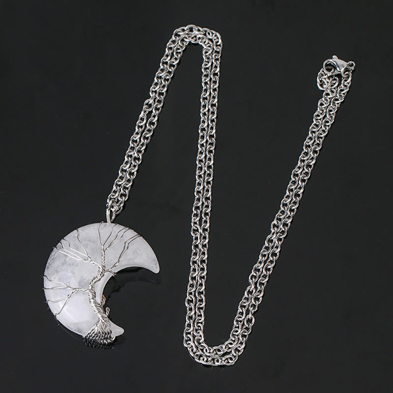 Nimara Ritual Natural Quartz Crystal Moon Tree Of Life Healing Energy Necklace Pendant