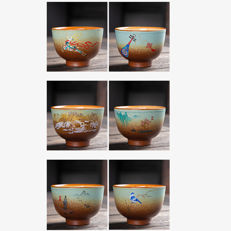 Nimara Ritual Colorful Deer Pipa Snow Plum Blossoms Mountains Rivers Bird Ceramic Teacup Kung Fu Tea Cup Bowl