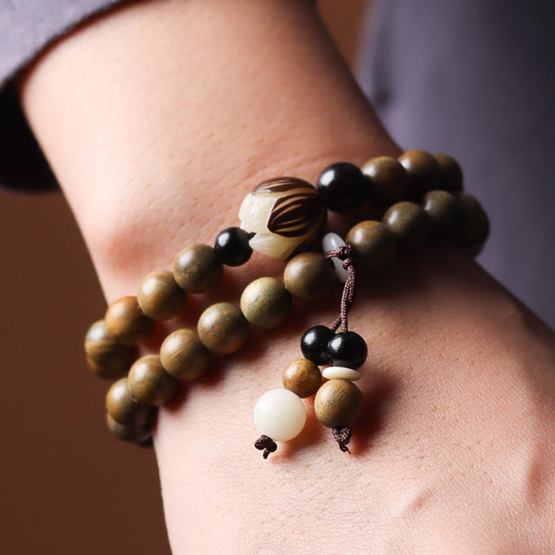 Nimara Ritual Green Sandalwood Bodhi Seed Lotus Soothing Double Wrap Bracelet