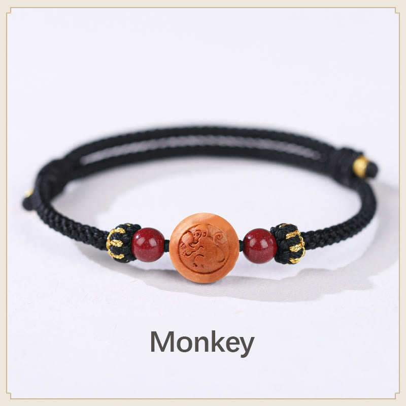 Nimara Ritual Natural Peach Wood Chinese Zodiac Fu Character Carved Cinnabar Wealth Bracelet