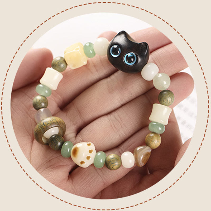 Nimara Ritual Bodhi Seed Green Sandalwood Ebony Wood Small Leaf Red Sandalwood Cat Head Paw Claw Peace Bracelet