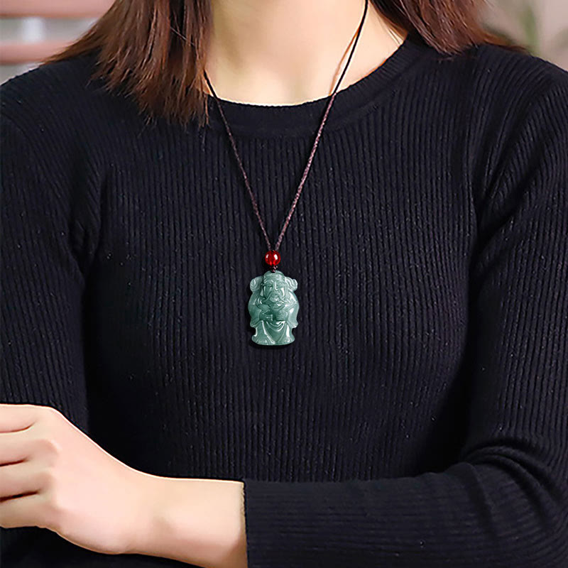 Nimara Ritual Natural Green Jade Chinese God of Wealth Caishen Ingot Abundance Necklace Pendant
