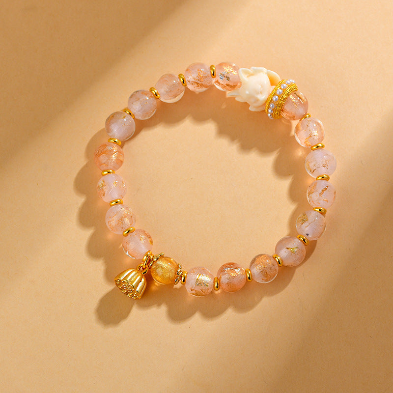 Nimara Ritual Tibetan Incense Ash Liuli Glass Bead Lucky Nine Tailed Fox Lotus Charm Bracelet