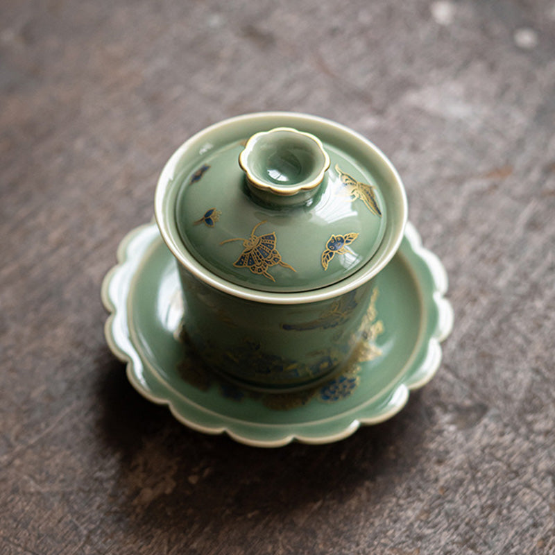 Nimara Ritual Green Porcelain Butterfly Flower Salmon Fish Ceramic Gaiwan Sancai Teacup Kung Fu Tea Cup And Saucer With Lid