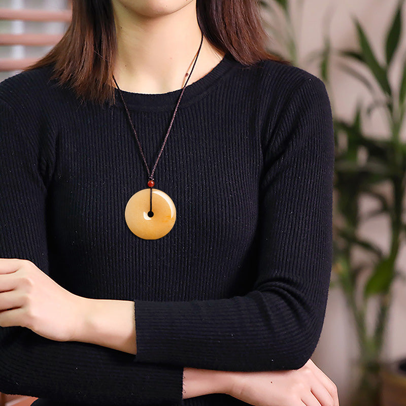 Nimara Ritual Round Golden Silk Jade Peace Buckle Wealth Pendant Necklace