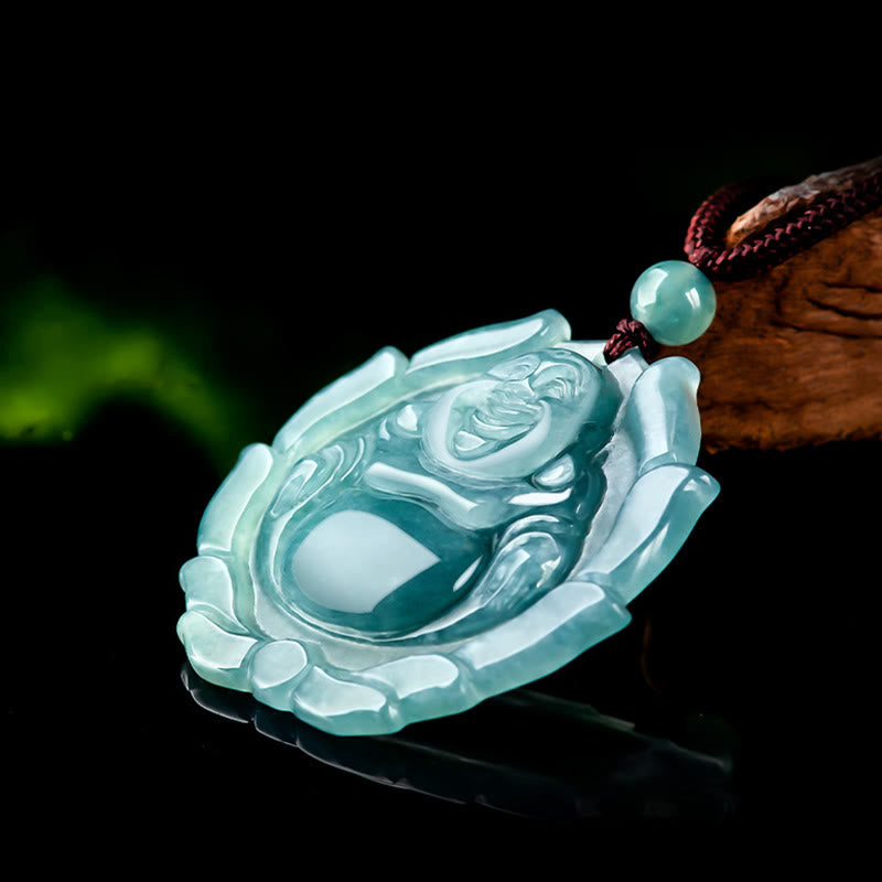 Nimara Ritual Natural Jade Laughing Buddha Lotus Pattern Luck Necklace Pendant