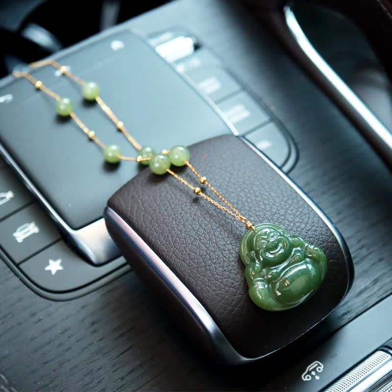 Nimara Ritual Laughing Buddha Hetian Jade Luck Necklace Bead Chain Pendant