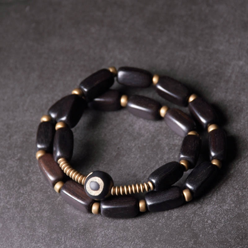 Nimara Ritual Tibet Ebony Wood Dzi Bead Copper Balance Double Wrap Bracelet