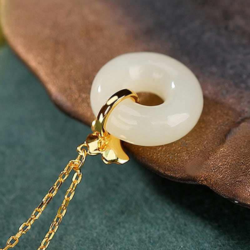 Nimara Ritual 925 Sterling Silver Natural Hetian Jade Ginkgo Leaf Peace Buckle Luck Necklace Pendant