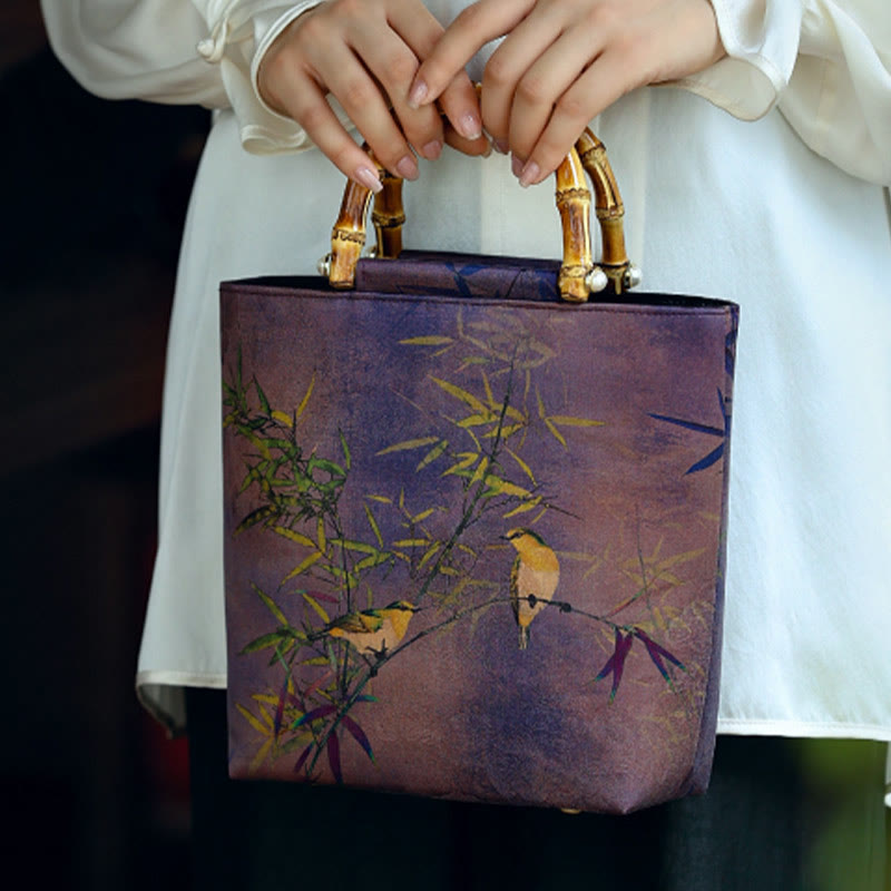 Nimara Ritual Purple Magpie Birds Branches Bamboo Handles Handbag