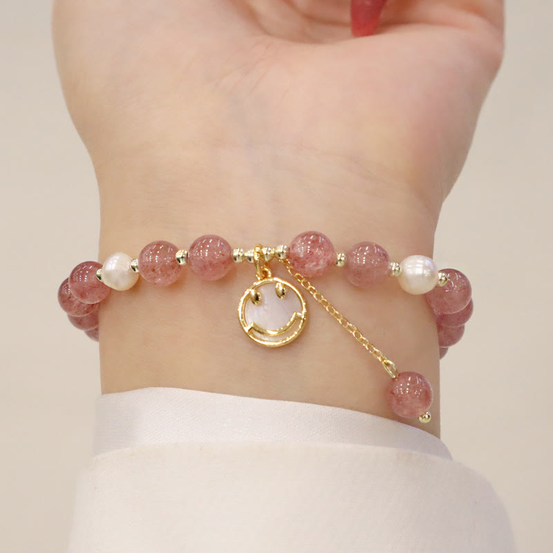 Nimara Ritual Strawberry Quartz Pearl Elk Smiley Face Fishtail Fu Character Charm Healing Bracelet