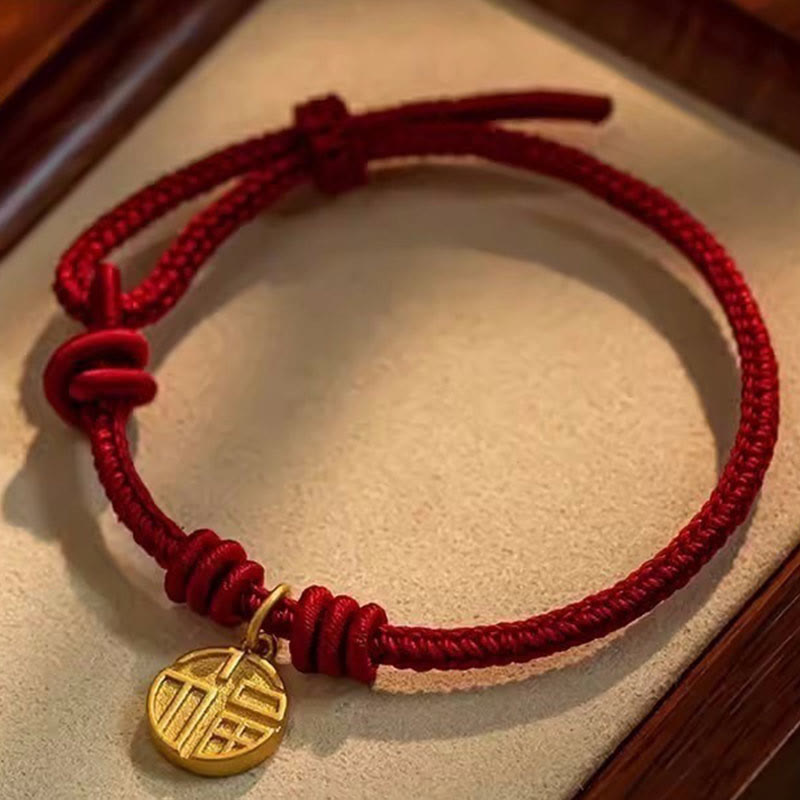 Nimara Ritual Handmade Eight Thread Peace Knot Fu Character Charm Luck Happiness Red Rope Bracelet