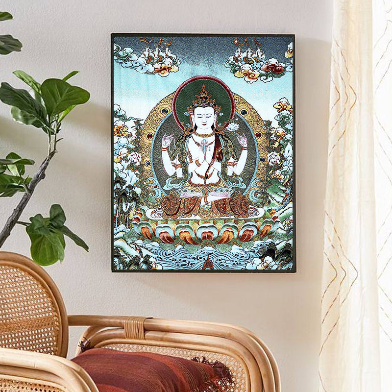 Nimara Ritual Tibetan Embroidery White Tara Thangka Tapestry Wall Hanging Wall Art Meditation for Home Decor