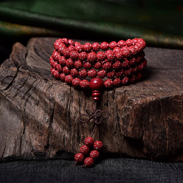 Nimara Ritual 108 Mala Beads Cinnabar Om Mani Padme Hum Pattern Engraved Blessing Bracelet