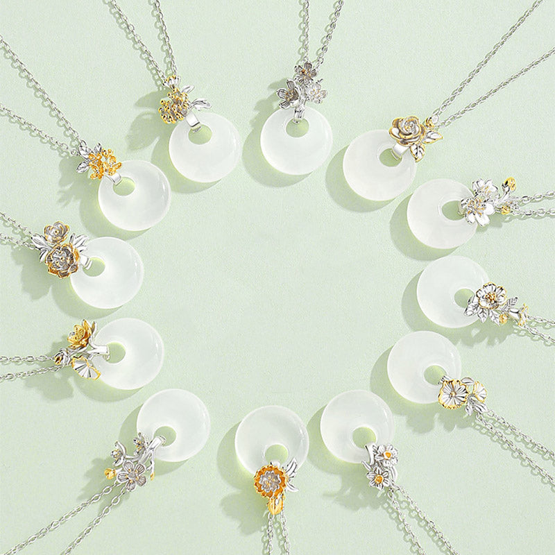 Nimara Ritual 925 Sterling Silver Round Chalcedony Twelve Months Flower Harmony Necklace Pendant