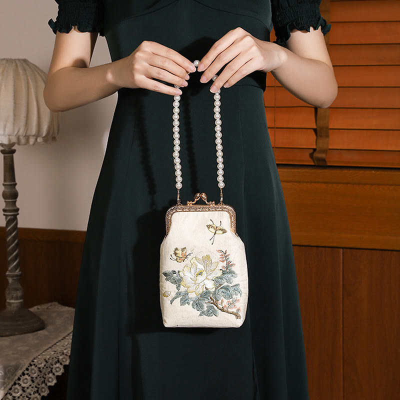 Nimara Ritual Small Flowers Butterfly Embroidered Pearl Metal Chain Shoulder Bag Crossbody Handbag Cellphone Bag