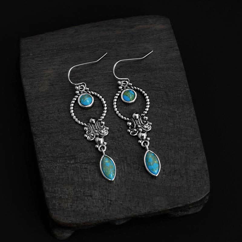 Nimara Ritual 925 Sterling Silver Hook Vintage Copper Plated Silver Turquoise Waterdrop Pattern Balance Drop Dangle Earrings