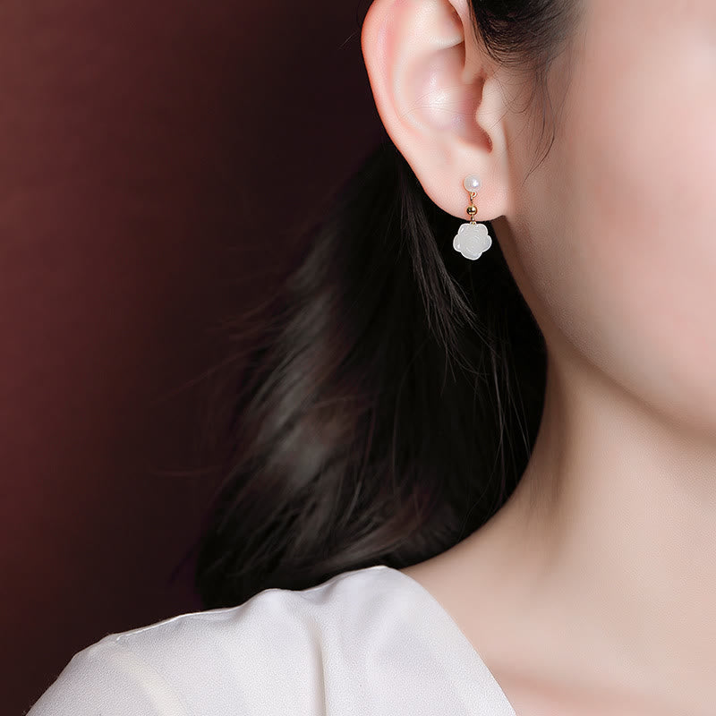 Nimara Ritual 925 Sterling Silver Plated Gold Jade Rose Flower Cyan Jade Pearl Luck Earrings