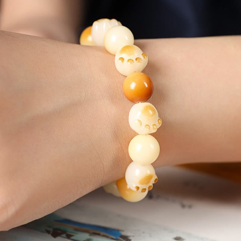 Nimara Ritual Natural Bodhi Seed Sandalwood Lucky Cute Cat Head Paw Claw Peace Bracelet