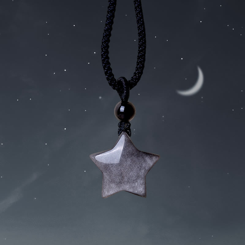 Nimara Ritual Natural Silver Sheen Obsidian Star Crescent Moon Protection Necklace Pendant