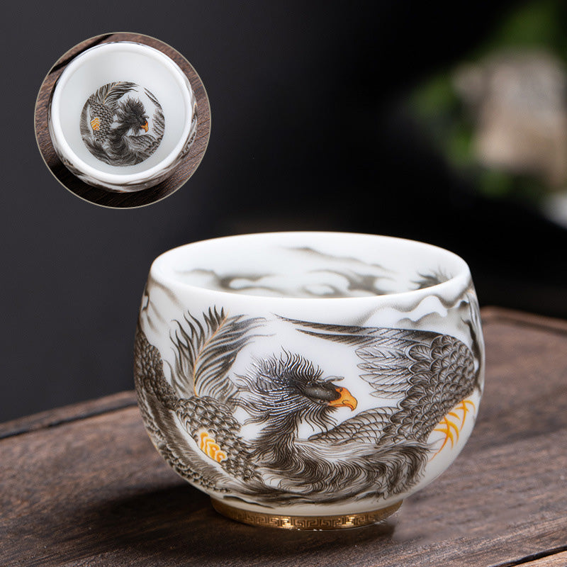 Nimara Ritual Phoenix White Porcelain Ceramic Teacup Kung Fu Tea Cup 185ml With Gift Box