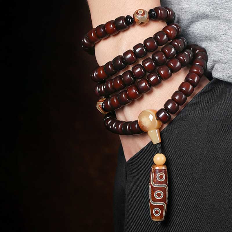 Nimara Ritual 108 Mala Beads Three-eyed Dzi Bead Nine-eye Dzi Bead Jade Luck Bracelet