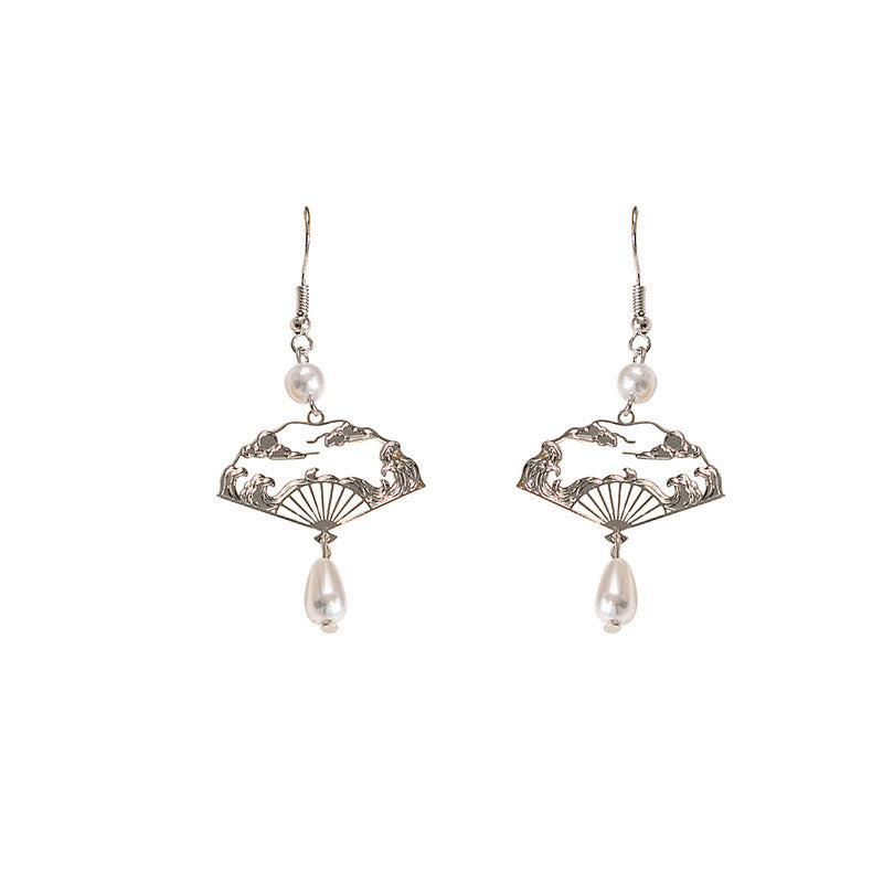 Nimara Ritual Copper Fan Auspicious Clouds Pearl Healing Drop Earrings