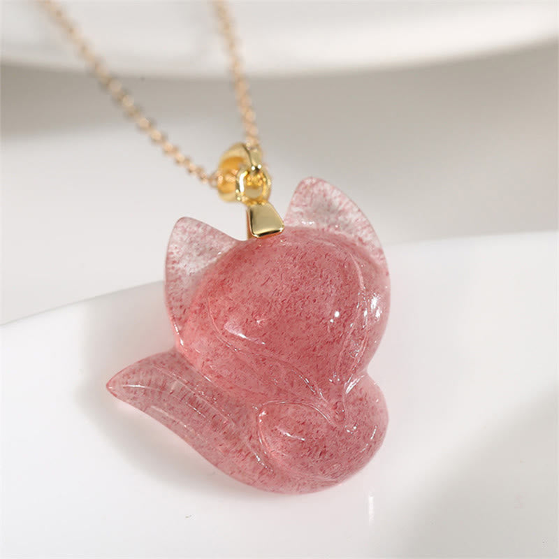 Nimara Ritual 925 Sterling Silver Plated 14k Gold Strawberry Quartz Fox Healing Necklace Pendant