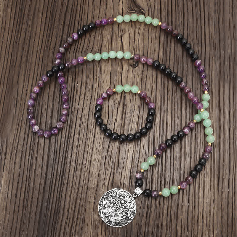 Nimara Ritual 108 Mala Beads Amethyst Green Aventurine Lotus Meditation Bracelet