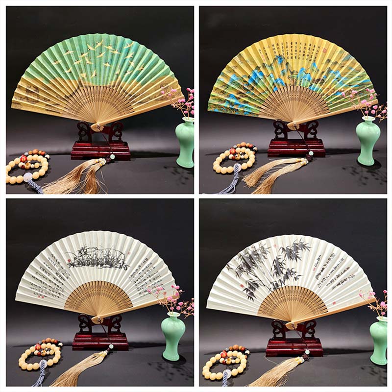 Nimara Ritual A Panorama Of Rivers And Mountains Cranes Orchid Flower Paper Bamboo Handheld Silk Bamboo Folding Fan 22cm