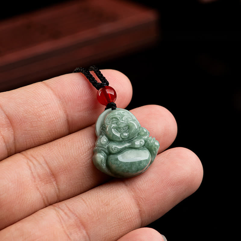 Nimara Ritual Natural Green Jade Laughing Buddha Luck Abundance Necklace Pendant