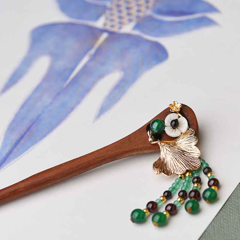 Nimara Ritual Red Sandalwood Green Agate Ginkgo Leaf Protection Hairpin
