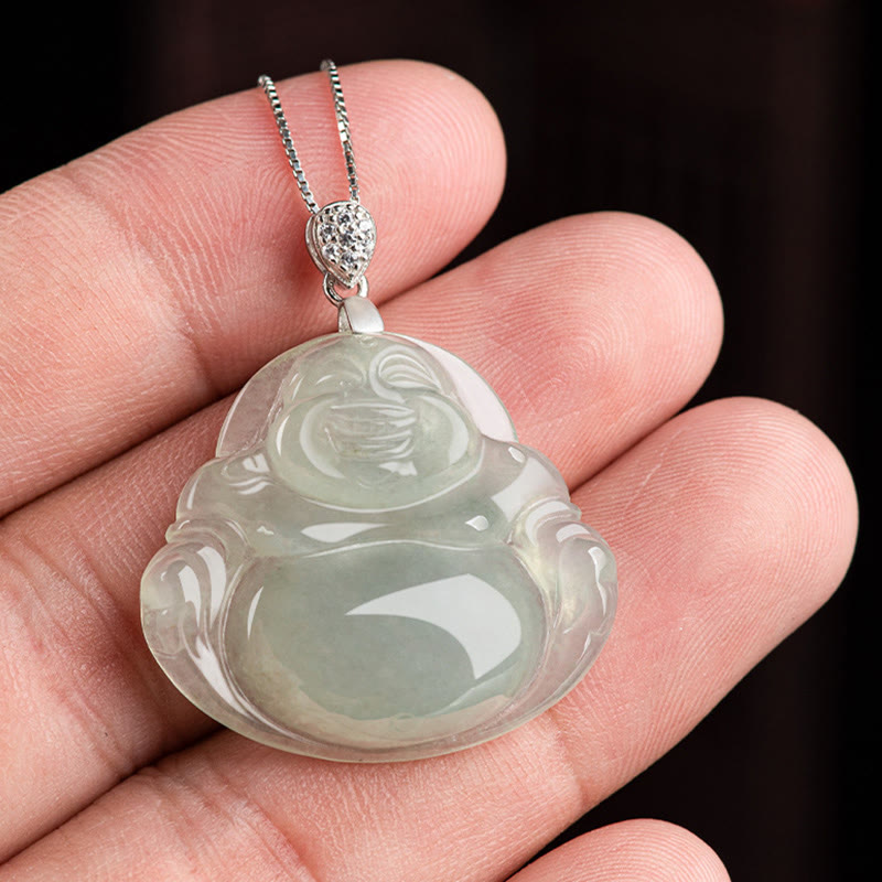 Nimara Ritual Natural Jade Laughing Buddha Prosperity Abundance Titanium Steel Chain Necklace Pendant