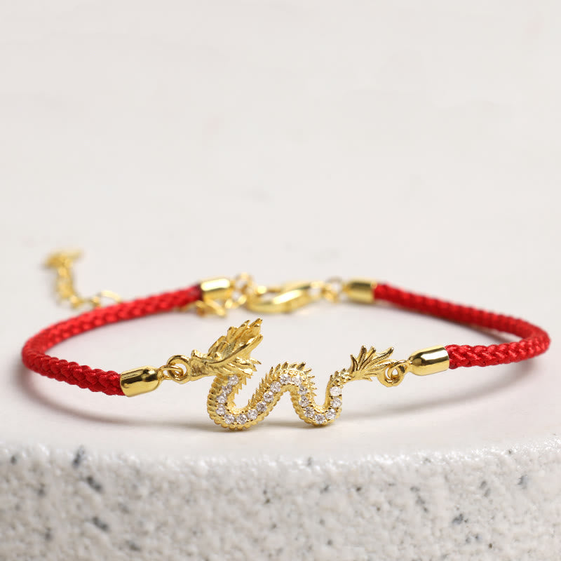 Nimara Ritual 925 Sterling Silver Year Of The Dragon Auspicious Golden Dragon Luck Red Rope Chain Bracelet