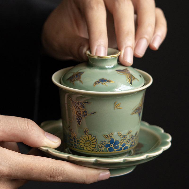 Nimara Ritual Green Porcelain Butterfly Flower Salmon Fish Ceramic Gaiwan Sancai Teacup Kung Fu Tea Cup And Saucer With Lid