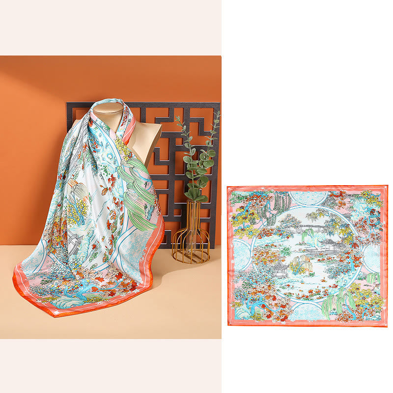 Nimara Ritual Pastoral Scene Hot Air Balloon Spring Blossom 100% Mulberry Silk Neck Hair Scarf