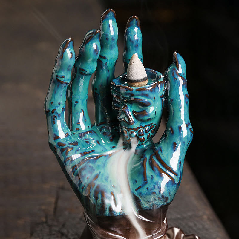 Nimara Ritual Halloween Ghost Hand Skull Head Ceramic Peace Healing Incense Burner Decoration