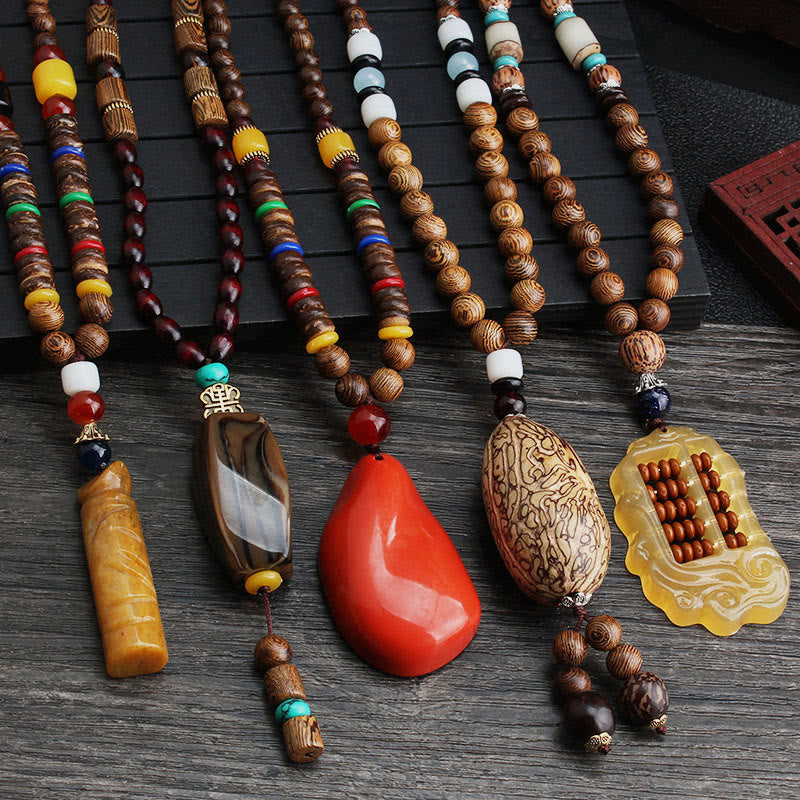 Nimara Ritual Tibetan Wenge Wood Bodhi Seed Agate Balance Peace Necklace Pendant