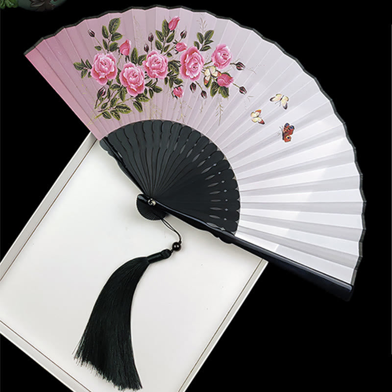 Nimara Ritual Vintage Bamboo Peony Butterfly Lotus Handheld Silk Folding Fan With Bamboo Frames