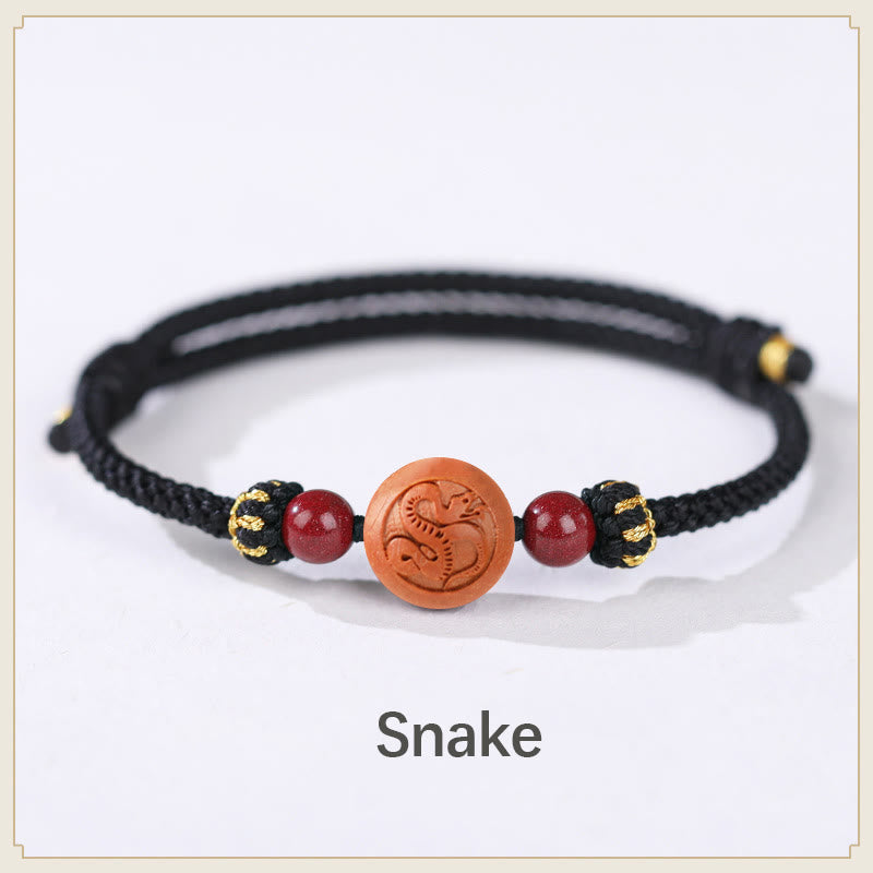 Nimara Ritual Natural Peach Wood Chinese Zodiac Fu Character Carved Cinnabar Wealth Bracelet