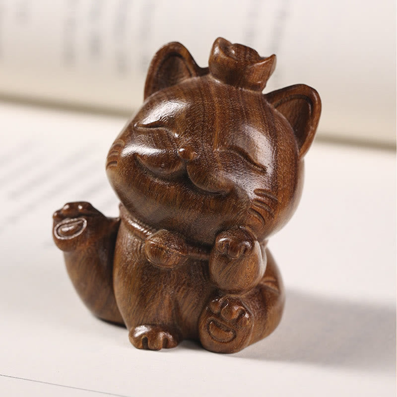 Nimara Ritual Mini Green Sandalwood Ingot Lucky Cat Carved Peace Desk Decorations