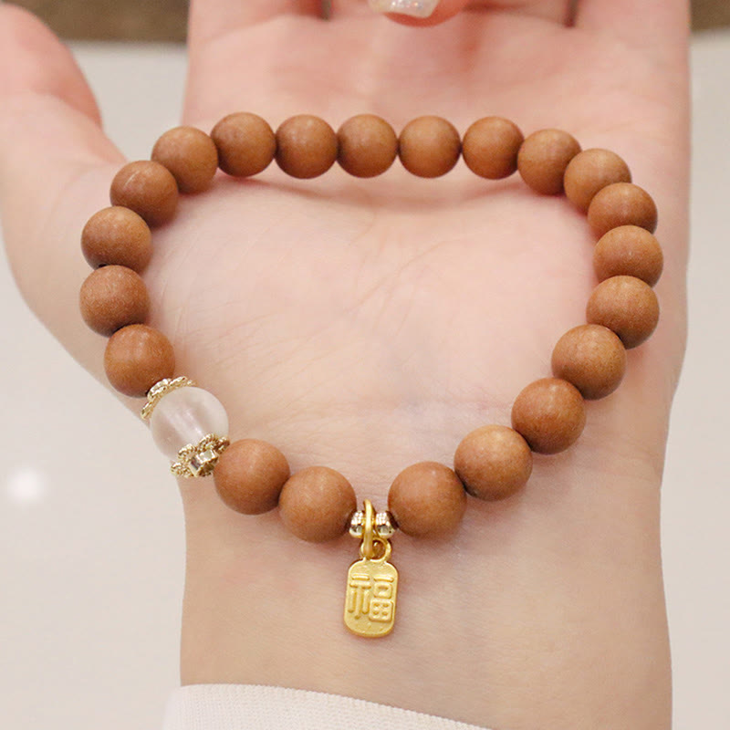 Nimara Ritual Sandalwood Cat's Eye Fu Character Charm Protection Bracelet