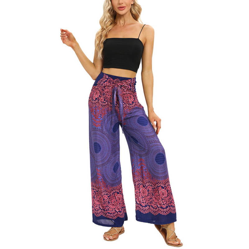 Nimara Ritual Bohemian Compass Flower Print Lace-up Wide Leg Pants Women's Yoga Pants