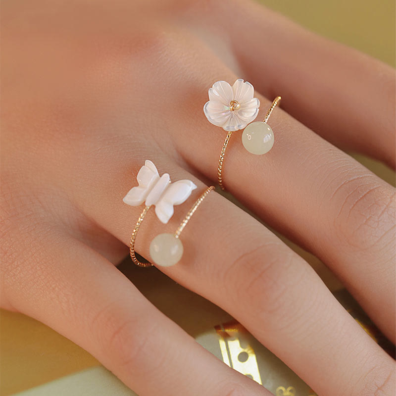 Nimara Ritual 14k Gold Plated Round Hetian Jade Tridacna Stone Peach Blossom Flower Butterfly Prosperity Adjustable Ring